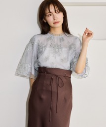 mysty woman | フローラルラメ刺繍ブラウス5分袖　656078(シャツ/ブラウス)