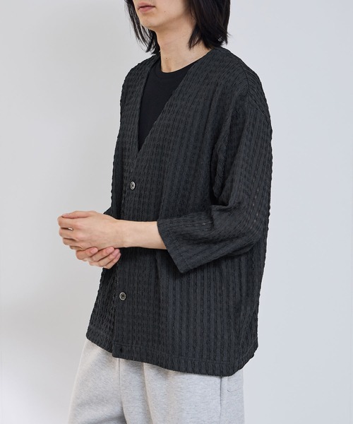 URBAN COLLECTION（アーバンコレクション）の「URBAN COLLECTION ストライプレース ルーズシルエット Vネック 7分袖カーディガン（カーディガン/ボレロ・メンズ・ブラック/チャコールグレー・S/M/L/XL）」の9枚目の写真