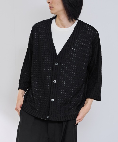 URBAN COLLECTION（アーバンコレクション）の「URBAN COLLECTION ストライプレース ルーズシルエット Vネック 7分袖カーディガン（カーディガン/ボレロ・メンズ・ブラック/チャコールグレー・S/M/L/XL）」の12枚目の写真