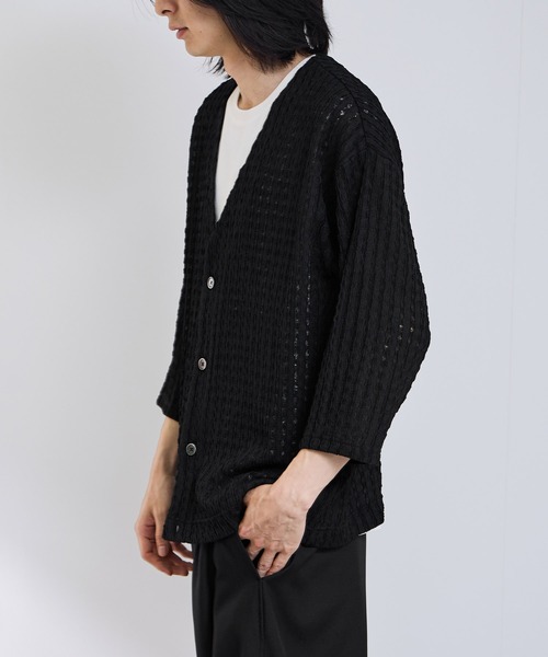 URBAN COLLECTION（アーバンコレクション）の「URBAN COLLECTION ストライプレース ルーズシルエット Vネック 7分袖カーディガン（カーディガン/ボレロ・メンズ・ブラック/チャコールグレー・S/M/L/XL）」の13枚目の写真