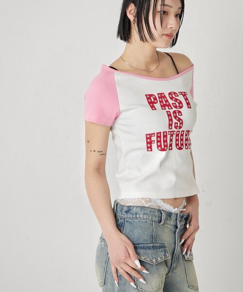 WHO'S WHO gallery(フーズフーギャラリー)の「スタースタッズラグラン半袖ロゴトップス(Tシャツ/カットソー・レディース・ブラック/サックスブルー/ピンク・FREE)」の4枚目の写真