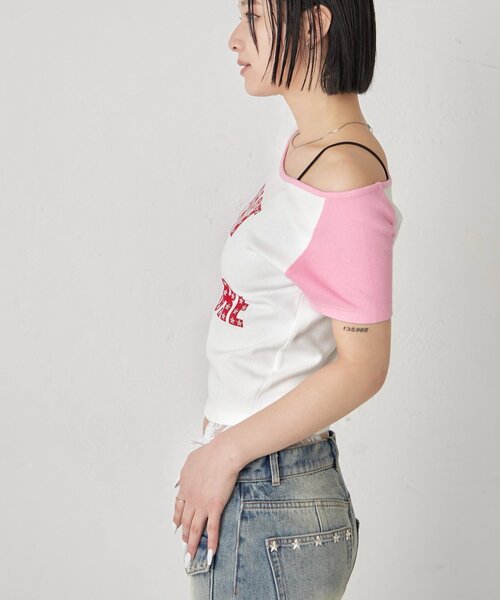 WHO'S WHO gallery(フーズフーギャラリー)の「スタースタッズラグラン半袖ロゴトップス(Tシャツ/カットソー・レディース・ブラック/サックスブルー/ピンク・FREE)」の7枚目の写真