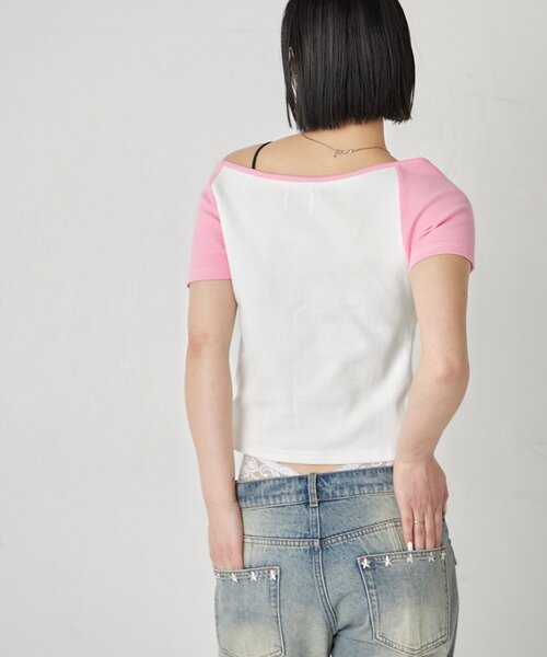 WHO'S WHO gallery(フーズフーギャラリー)の「スタースタッズラグラン半袖ロゴトップス(Tシャツ/カットソー・レディース・ブラック/サックスブルー/ピンク・FREE)」の8枚目の写真