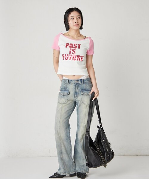 WHO'S WHO gallery(フーズフーギャラリー)の「スタースタッズラグラン半袖ロゴトップス(Tシャツ/カットソー・レディース・ブラック/サックスブルー/ピンク・FREE)」の9枚目の写真