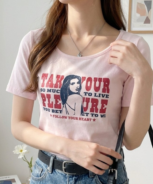 Ada.(エイダ)の「グリッターgirl Uネック 半袖 Tシャツ(Tシャツ/カットソー・レディース・グレー/チャコール/ピンク/ネイビー/オフホワイト・FREE)」の5枚目の写真