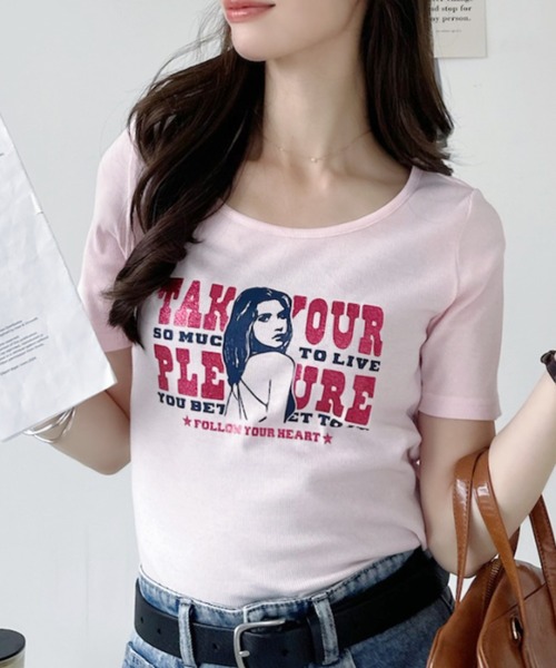 Ada.(エイダ)の「グリッターgirl Uネック 半袖 Tシャツ(Tシャツ/カットソー・レディース・グレー/チャコール/ピンク/ネイビー/オフホワイト・FREE)」の7枚目の写真