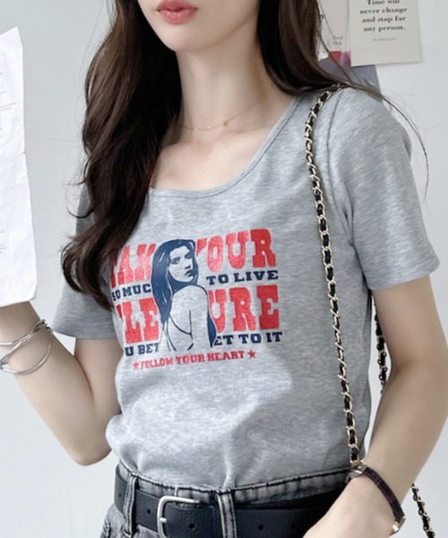 Ada.(エイダ)の「グリッターgirl Uネック 半袖 Tシャツ(Tシャツ/カットソー・レディース・グレー/チャコール/ピンク/ネイビー/オフホワイト・FREE)」の22枚目の写真
