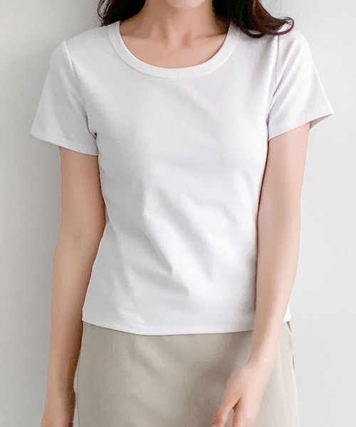 LOWO(ロワ)の「驚くほど伸びる上質素材Tシャツ(M.L)(Tシャツ/カットソー・レディース・ブルー/ホワイト/ピンク/ブラック/グレー・L/M)」の2枚目の写真
