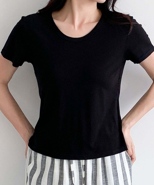 LOWO(ロワ)の「驚くほど伸びる上質素材Tシャツ(M.L)(Tシャツ/カットソー・レディース・ブルー/ホワイト/ピンク/ブラック/グレー・L/M)」の1枚目の写真