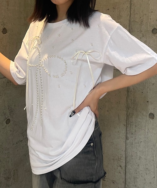 ROGER AND RAW(ロジャーアンドロウ)の「パール×リボン モチーフTシャツ(Tシャツ/カットソー・レディース・ホワイト/ブラック/ピンク・FREE)」の14枚目の写真