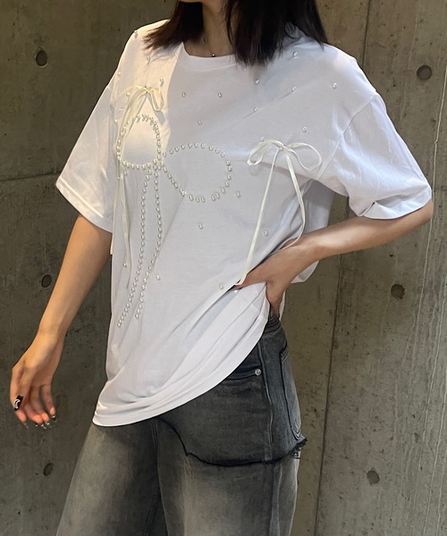 ROGER AND RAW(ロジャーアンドロウ)の「パール×リボン モチーフTシャツ(Tシャツ/カットソー・レディース・ホワイト/ブラック/ピンク・FREE)」の13枚目の写真