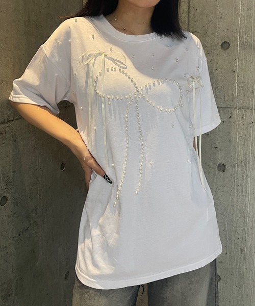 ROGER AND RAW(ロジャーアンドロウ)の「パール×リボン モチーフTシャツ(Tシャツ/カットソー・レディース・ホワイト/ブラック/ピンク・FREE)」の11枚目の写真