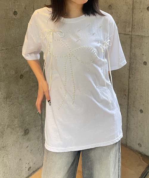 ROGER AND RAW(ロジャーアンドロウ)の「パール×リボン モチーフTシャツ(Tシャツ/カットソー・レディース・ホワイト/ブラック/ピンク・FREE)」の10枚目の写真