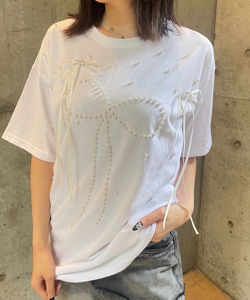 ROGER AND RAW(ロジャーアンドロウ)の「パール×リボン モチーフTシャツ(Tシャツ/カットソー・レディース・ホワイト/ブラック/ピンク・FREE)」の9枚目の写真