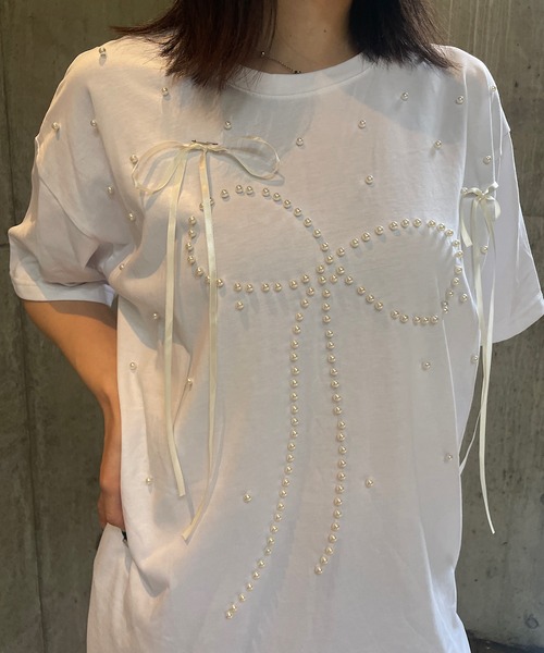 ROGER AND RAW(ロジャーアンドロウ)の「パール×リボン モチーフTシャツ(Tシャツ/カットソー・レディース・ホワイト/ブラック/ピンク・FREE)」の8枚目の写真
