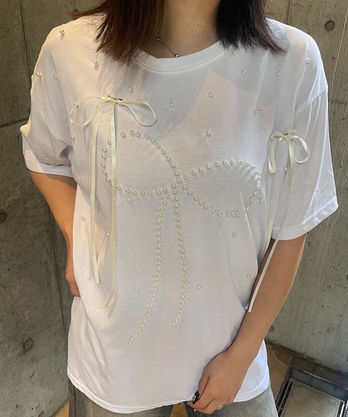 ROGER AND RAW(ロジャーアンドロウ)の「パール×リボン モチーフTシャツ(Tシャツ/カットソー・レディース・ホワイト/ブラック/ピンク・FREE)」の6枚目の写真