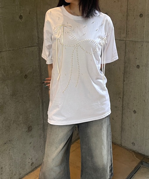 ROGER AND RAW(ロジャーアンドロウ)の「パール×リボン モチーフTシャツ(Tシャツ/カットソー・レディース・ホワイト/ブラック/ピンク・FREE)」の5枚目の写真