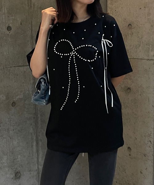 ROGER AND RAW(ロジャーアンドロウ)の「パール×リボン モチーフTシャツ(Tシャツ/カットソー・レディース・ホワイト/ブラック/ピンク・FREE)」の4枚目の写真