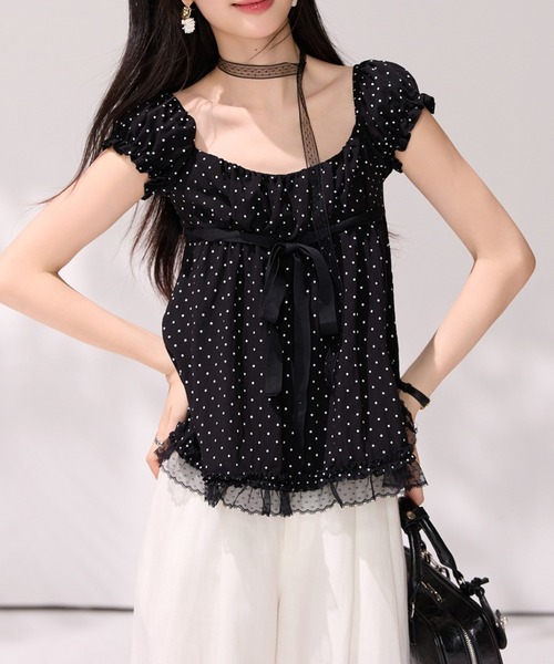 LUCPY(ラクピー)の「ドットシフォンリボンブラウス(シャツ/ブラウス・レディース・ブラック・X-LARGE/LARGE/MEDIUM/SMALL)」の1枚目の写真
