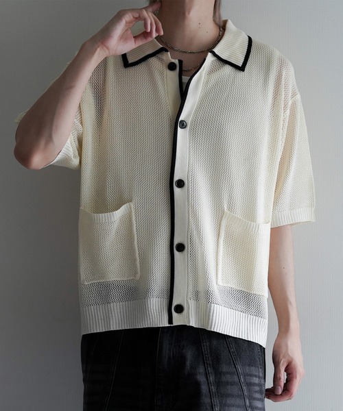 cussil(クシル)の「【cussil/クシル】透かし編み配色ライン半袖サマーニットカーディガン(カーディガン/ボレロ・メンズ・オフホワイト/チャコールグレー・S/M/L)」の15枚目の写真