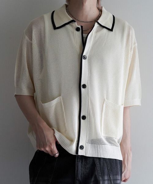cussil(クシル)の「【cussil/クシル】透かし編み配色ライン半袖サマーニットカーディガン(カーディガン/ボレロ・メンズ・オフホワイト/チャコールグレー・S/M/L)」の16枚目の写真