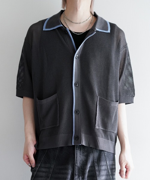 cussil(クシル)の「【cussil/クシル】透かし編み配色ライン半袖サマーニットカーディガン(カーディガン/ボレロ・メンズ・オフホワイト/チャコールグレー・S/M/L)」の17枚目の写真