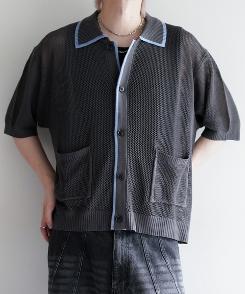 cussil(クシル)の「【cussil/クシル】透かし編み配色ライン半袖サマーニットカーディガン(カーディガン/ボレロ・メンズ・オフホワイト/チャコールグレー・S/M/L)」の19枚目の写真