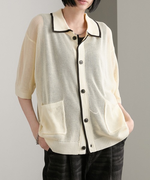 cussil(クシル)の「【cussil/クシル】透かし編み配色ライン半袖サマーニットカーディガン(カーディガン/ボレロ・メンズ・オフホワイト/チャコールグレー・S/M/L)」の20枚目の写真