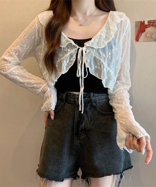 BENDER TOKYO(ベンダートウキョウ)の「\最旬の「大人可愛い」透け感/ 2way 小花柄 シアーフリル ボレロ / クロップドカーディガン(カーディガン/ボレロ・レディース・ブルー/ピンク/アイボリー・FREE)」の2枚目の写真