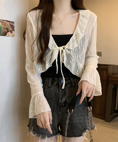 BENDER TOKYO(ベンダートウキョウ)の「\最旬の「大人可愛い」透け感/ 2way 小花柄 シアーフリル ボレロ / クロップドカーディガン(カーディガン/ボレロ・レディース・ブルー/ピンク/アイボリー・FREE)」の6枚目の写真