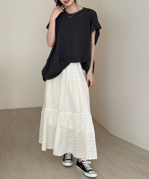 DAY CLOSET(デイ クローゼット)の「【ロング丈】ナチュラル透け感。アイレットレース ティアード切り替えスカート レディース(スカート・レディース・アイボリー/ブラック・FREE)」の7枚目の写真