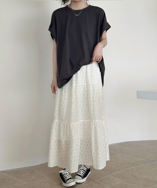 DAY CLOSET(デイ クローゼット)の「【ロング丈】ナチュラル透け感。アイレットレース ティアード切り替えスカート レディース(スカート・レディース・アイボリー/ブラック・FREE)」の8枚目の写真