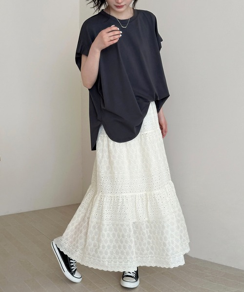 DAY CLOSET(デイ クローゼット)の「【ロング丈】ナチュラル透け感。アイレットレース ティアード切り替えスカート レディース(スカート・レディース・アイボリー/ブラック・FREE)」の9枚目の写真