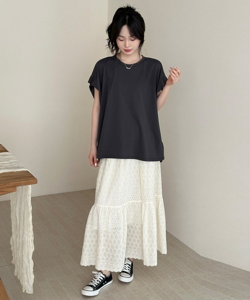 DAY CLOSET(デイ クローゼット)の「【ロング丈】ナチュラル透け感。アイレットレース ティアード切り替えスカート レディース(スカート・レディース・アイボリー/ブラック・FREE)」の10枚目の写真