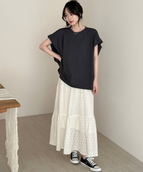 DAY CLOSET(デイ クローゼット)の「【ロング丈】ナチュラル透け感。アイレットレース ティアード切り替えスカート レディース(スカート・レディース・アイボリー/ブラック・FREE)」の11枚目の写真