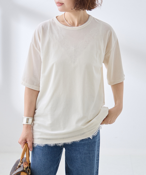 journal standard L'essage(ジャーナルスタンダードレサージュ)の「《追加/接触冷感》クールタッチベロアTシャツ(Tシャツ/カットソー・レディース・アイボリー/ネイビー/ブラウン・FREE)」の2枚目の写真