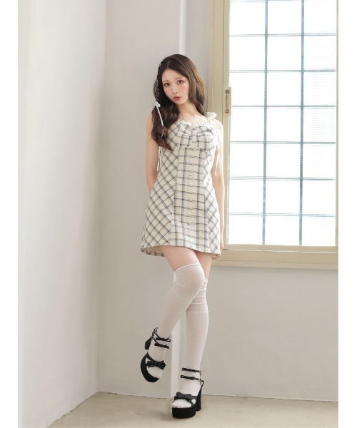 M me eme（エムミーエメ）の「Frill layered check twill cami onepiece(eme11055)（ワンピース・レディース・ホワイト/グレー・FREE）」の5枚目の写真