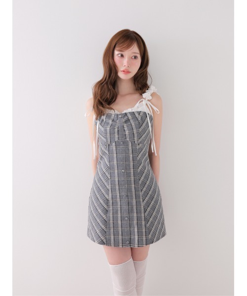 M me eme（エムミーエメ）の「Frill layered check twill cami onepiece(eme11055)（ワンピース・レディース・ホワイト/グレー・FREE）」の10枚目の写真