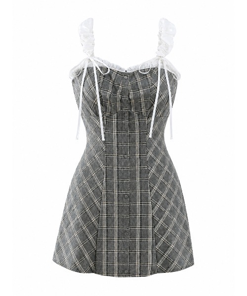 M me eme（エムミーエメ）の「Frill layered check twill cami onepiece(eme11055)（ワンピース・レディース・ホワイト/グレー・FREE）」の4枚目の写真