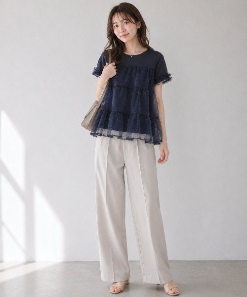 Lateru(ラテル)の「水玉ティアードチュールトップス フリル半袖 T シャツ レディース 体型カバー(Tシャツ/カットソー・レディース・ネイビー/ブラック/ホワイト・FREE)」の3枚目の写真