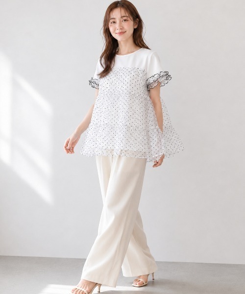 Lateru(ラテル)の「水玉ティアードチュールトップス フリル半袖 T シャツ レディース 体型カバー(Tシャツ/カットソー・レディース・ネイビー/ブラック/ホワイト・FREE)」の1枚目の写真