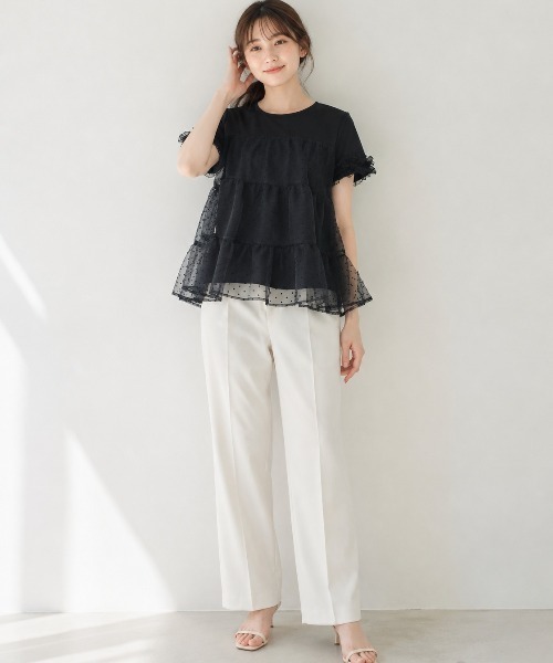 Lateru(ラテル)の「水玉ティアードチュールトップス フリル半袖 T シャツ レディース 体型カバー(Tシャツ/カットソー・レディース・ネイビー/ブラック/ホワイト・FREE)」の2枚目の写真