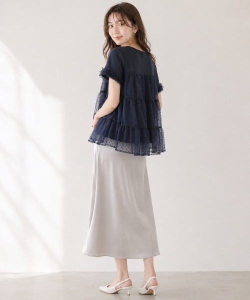 Lateru(ラテル)の「水玉ティアードチュールトップス フリル半袖 T シャツ レディース 体型カバー(Tシャツ/カットソー・レディース・ネイビー/ブラック/ホワイト・FREE)」の4枚目の写真
