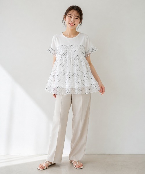 Lateru(ラテル)の「水玉ティアードチュールトップス フリル半袖 T シャツ レディース 体型カバー(Tシャツ/カットソー・レディース・ネイビー/ブラック/ホワイト・FREE)」の5枚目の写真