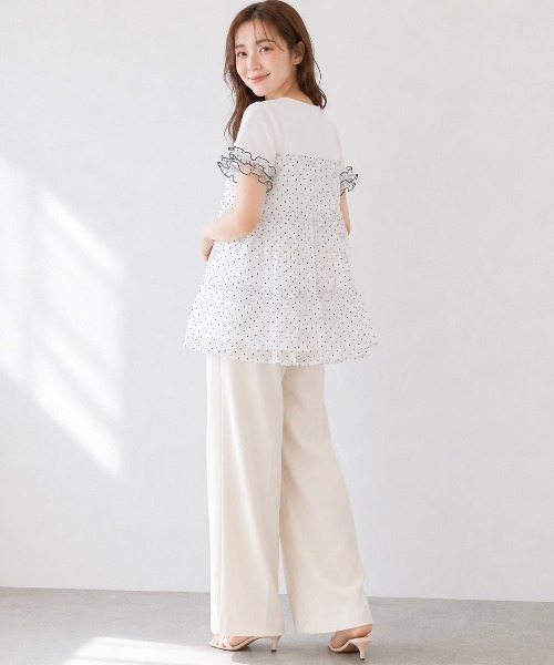 Lateru(ラテル)の「水玉ティアードチュールトップス フリル半袖 T シャツ レディース 体型カバー(Tシャツ/カットソー・レディース・ネイビー/ブラック/ホワイト・FREE)」の7枚目の写真