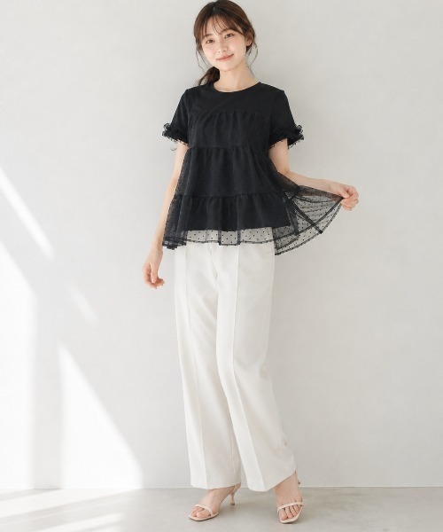 Lateru(ラテル)の「水玉ティアードチュールトップス フリル半袖 T シャツ レディース 体型カバー(Tシャツ/カットソー・レディース・ネイビー/ブラック/ホワイト・FREE)」の8枚目の写真