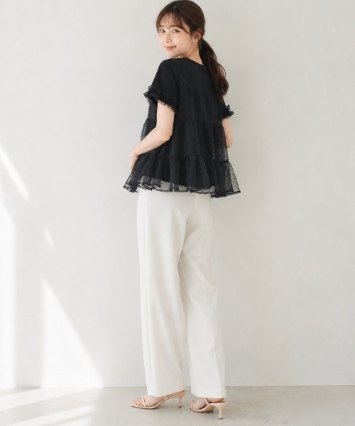 Lateru(ラテル)の「水玉ティアードチュールトップス フリル半袖 T シャツ レディース 体型カバー(Tシャツ/カットソー・レディース・ネイビー/ブラック/ホワイト・FREE)」の9枚目の写真