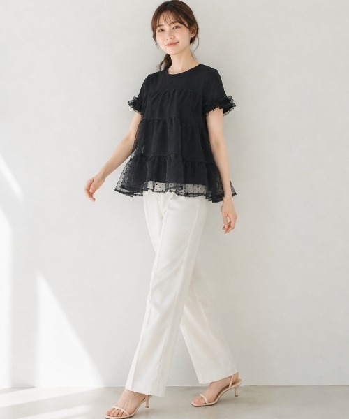 Lateru(ラテル)の「水玉ティアードチュールトップス フリル半袖 T シャツ レディース 体型カバー(Tシャツ/カットソー・レディース・ネイビー/ブラック/ホワイト・FREE)」の10枚目の写真