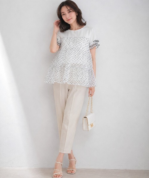 Lateru(ラテル)の「水玉ティアードチュールトップス フリル半袖 T シャツ レディース 体型カバー(Tシャツ/カットソー・レディース・ネイビー/ブラック/ホワイト・FREE)」の11枚目の写真