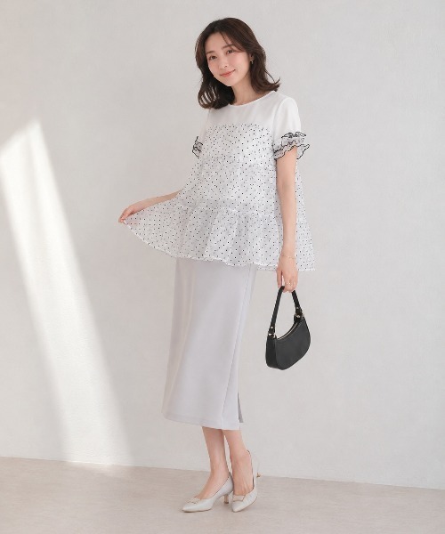 Lateru(ラテル)の「水玉ティアードチュールトップス フリル半袖 T シャツ レディース 体型カバー(Tシャツ/カットソー・レディース・ネイビー/ブラック/ホワイト・FREE)」の12枚目の写真